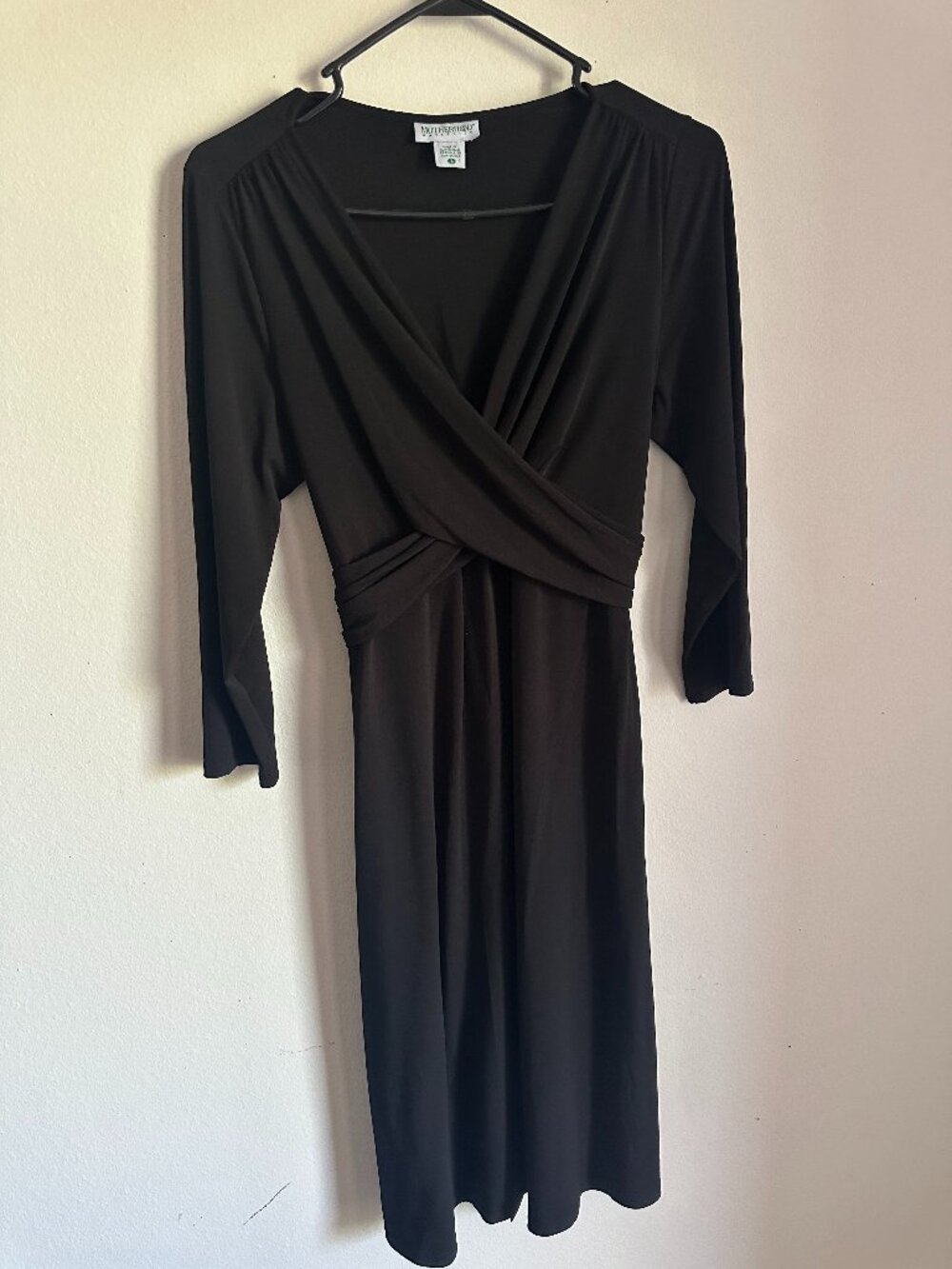 Motherhood Maternity Black Midi Dress L Plunge Neckline 3/4 Sleeve